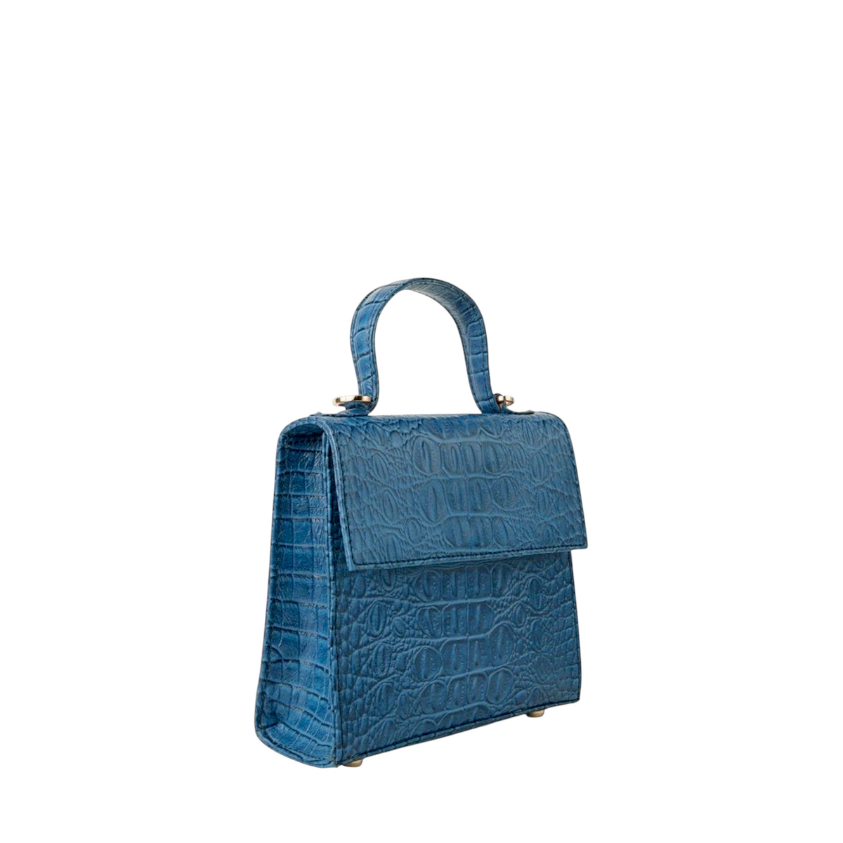 Shop Sarah Stewart The Robin blue goat skin leather handbag with crocodile pattern and gold hardware