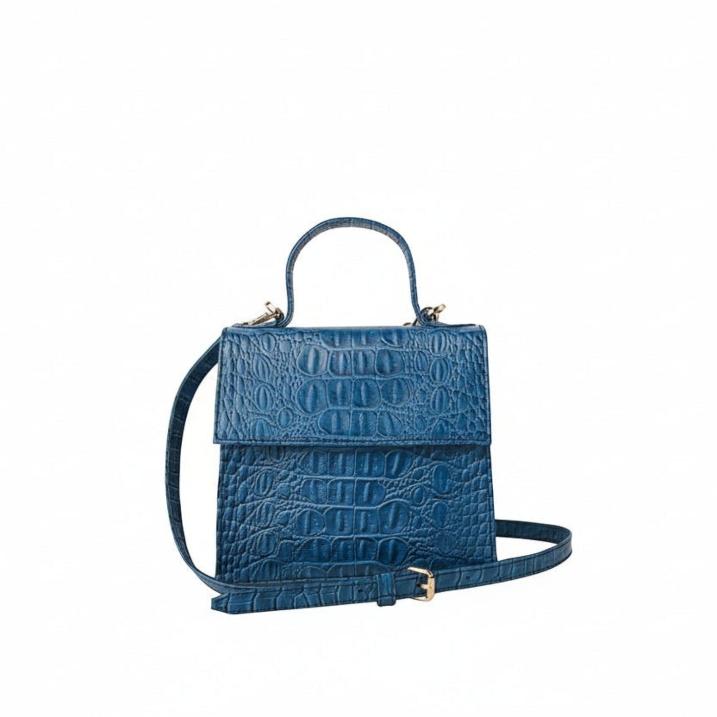Shop Sarah Stewart blue goat skin leather handbag with crocodile pattern and gold hardware and crossbody strap