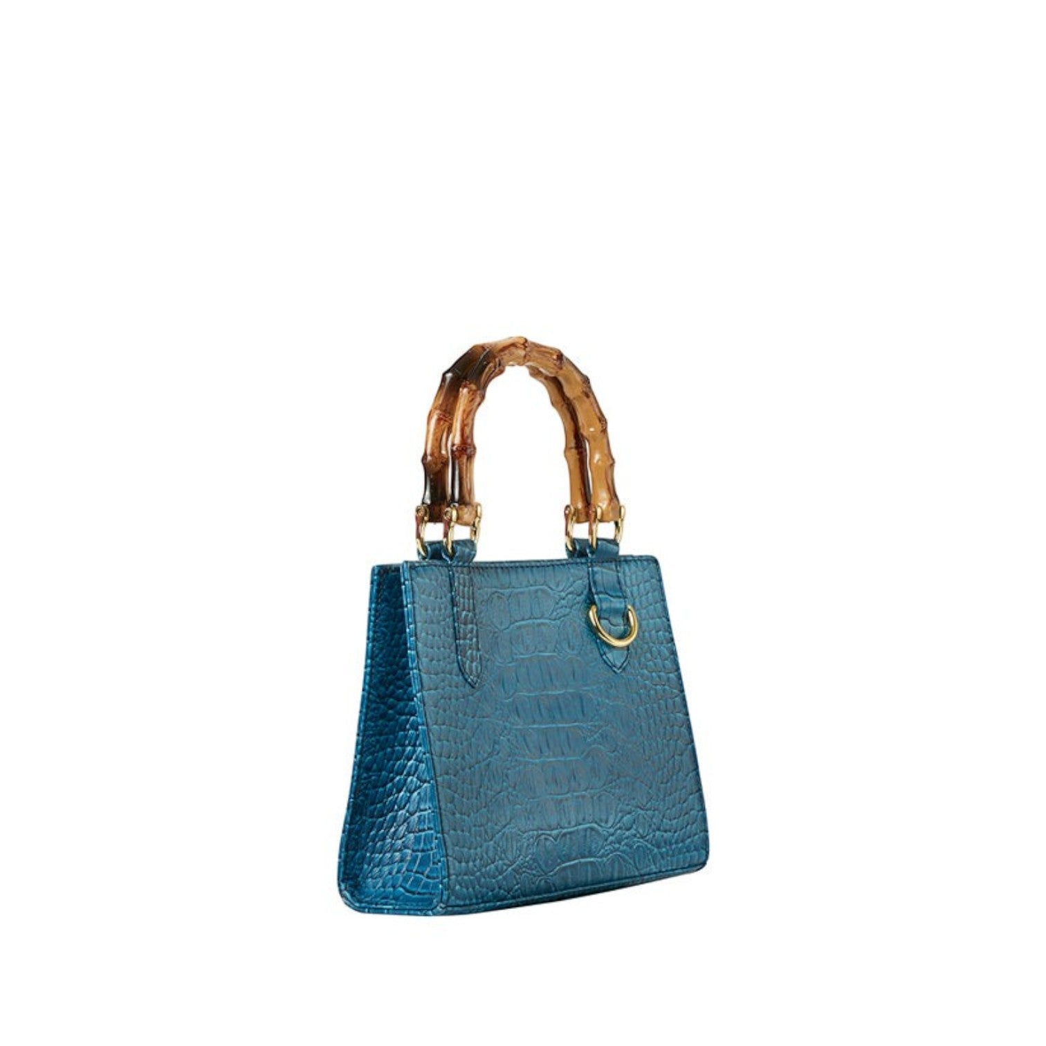 Shop Sarah Stewart Clara mini handbag in blue embossed goat skin with bamboo handles and gold hardware