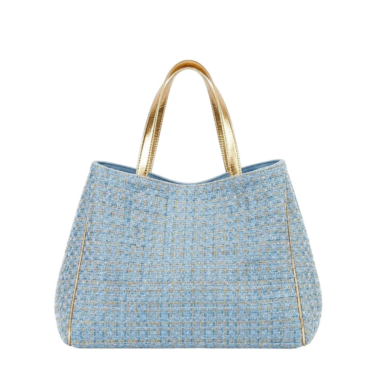 Shop Sarah Stewart Delilah Tweed tote bag in light blue with gold metallic handles and trim.