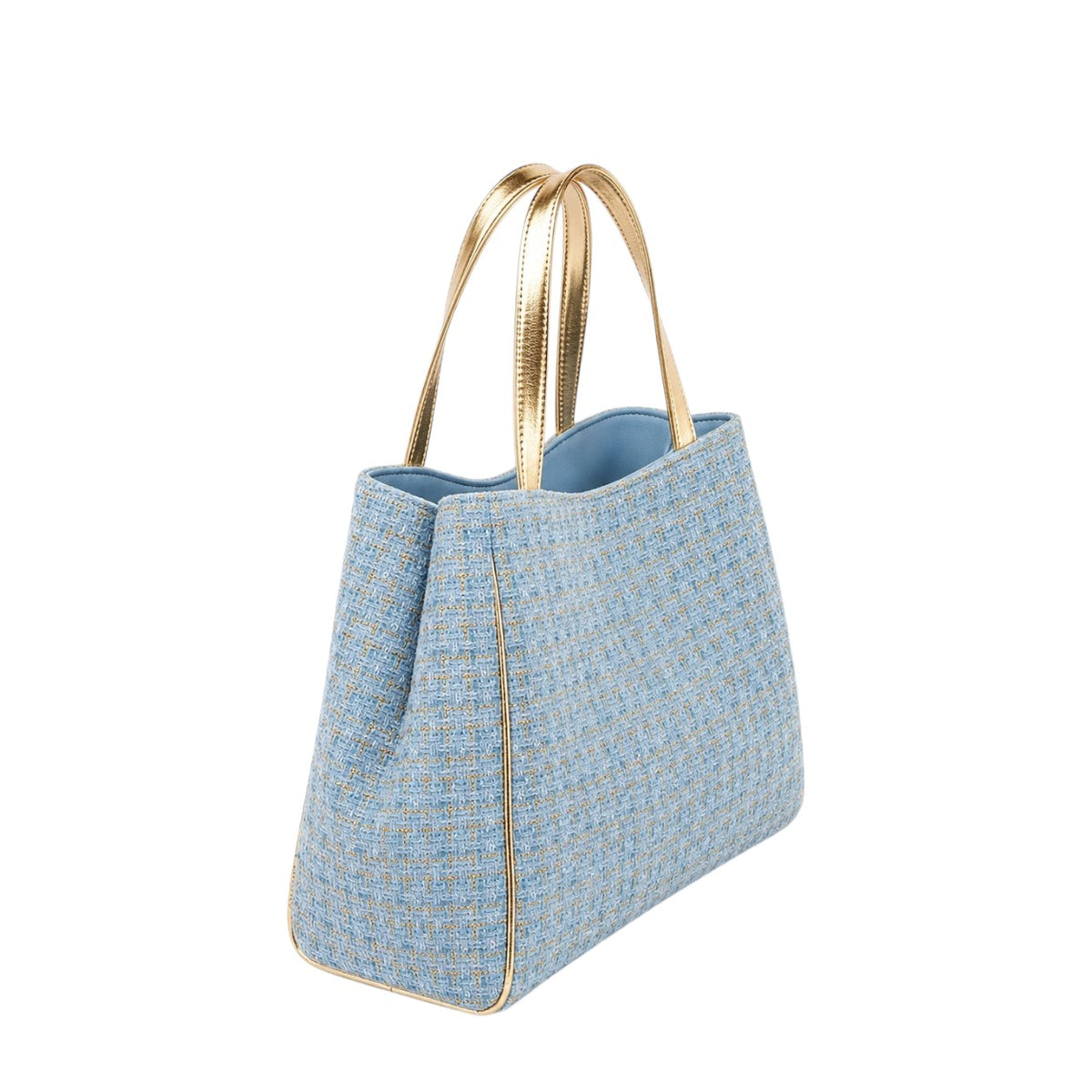 Shop Sarah Stewart Delilah Tweed tote bag in light blue tweed with metallic gold leather handles and trim.
