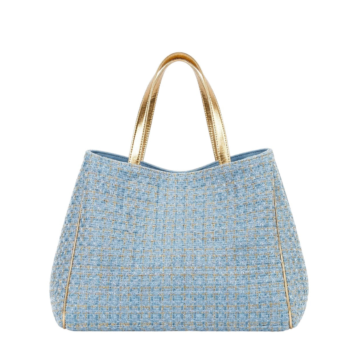 Shop Sarah Stewart Delilah Tweed tote bag in light blue tweed with metallic gold leather handles and trim.