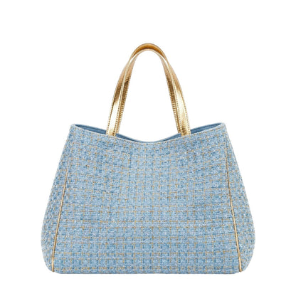 Shop Sarah Stewart Delilah Tweed tote bag in light blue tweed with metallic gold leather handles and trim.