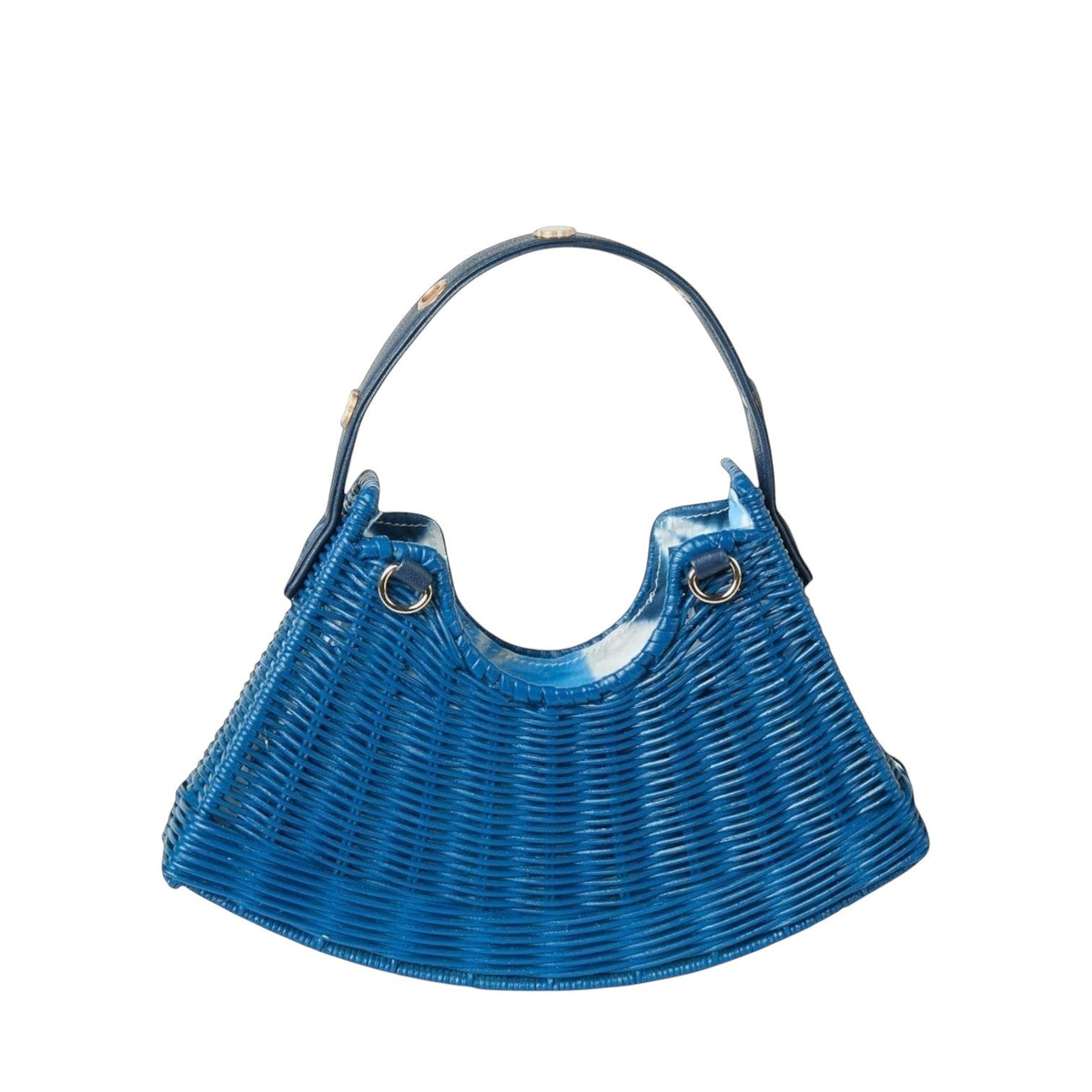 Shop Sarah Stewart Tati crescent-shaped blue wicker bag with a lambskin leather strap and gold floral accents.