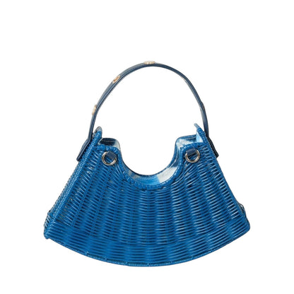 Shop Sarah Stewart Tati crescent-shaped blue wicker bag with a lambskin leather strap and gold floral accents.