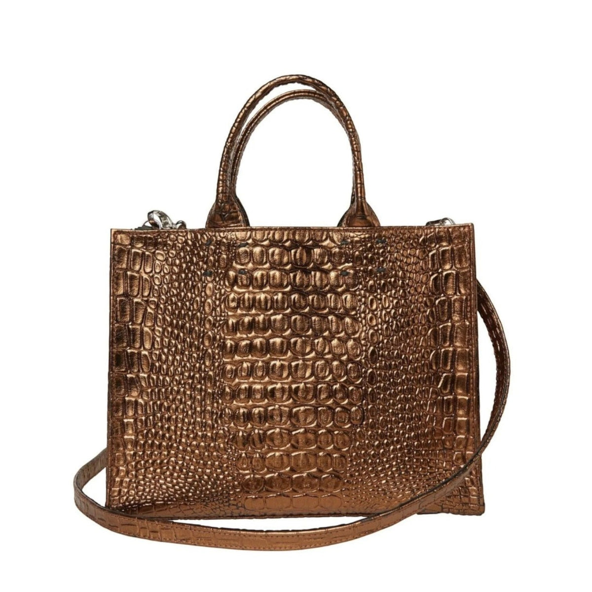 Shop Sarah Stewart Adelaide handbag in metallic bronze embossed goat skin leather with a detachable crossbody strap