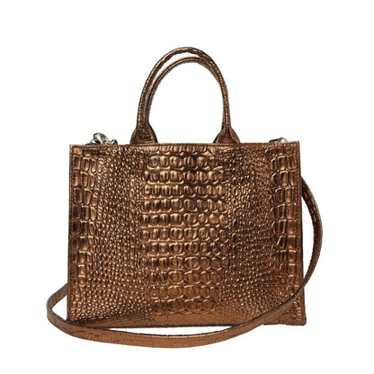 Shop Sarah Stewart Adelaide handbag in metallic bronze embossed goat skin leather with a detachable crossbody strap