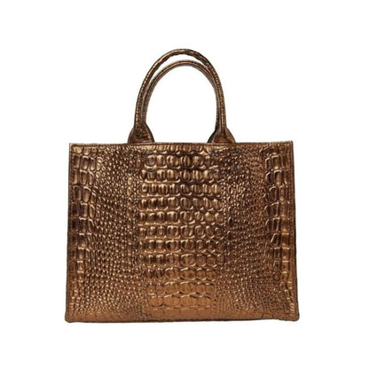 Shop Sarah Stewart Adelaide handbag in metallic bronze embossed goat skin leather with a classic structured design.