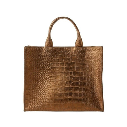 Shop Sarah Stewart Adele handbag in metallic bronze embossed croc lambskin leather with a structured tote design.