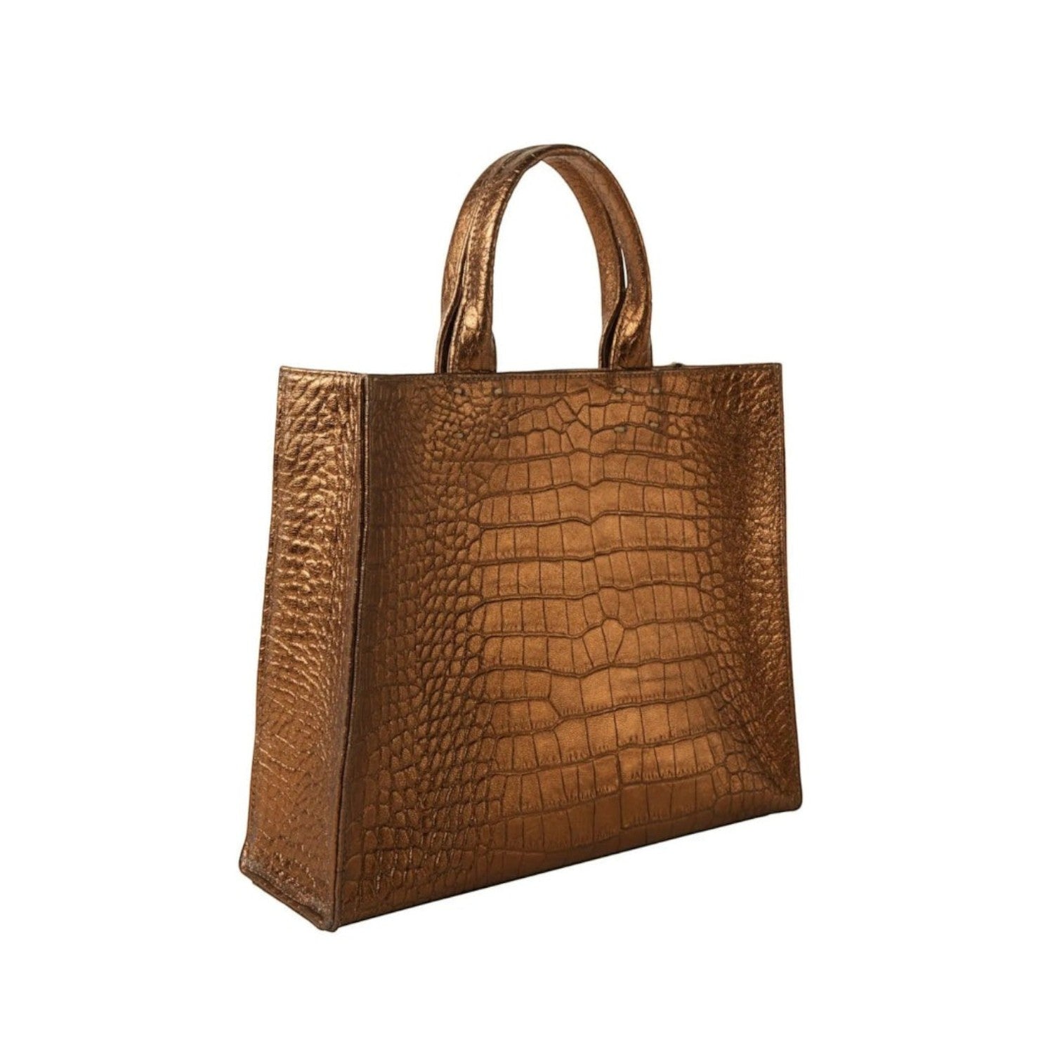 Shop Sarah Stewart Adele handbag in metallic bronze embossed croc lambskin leather with structured top handle design
