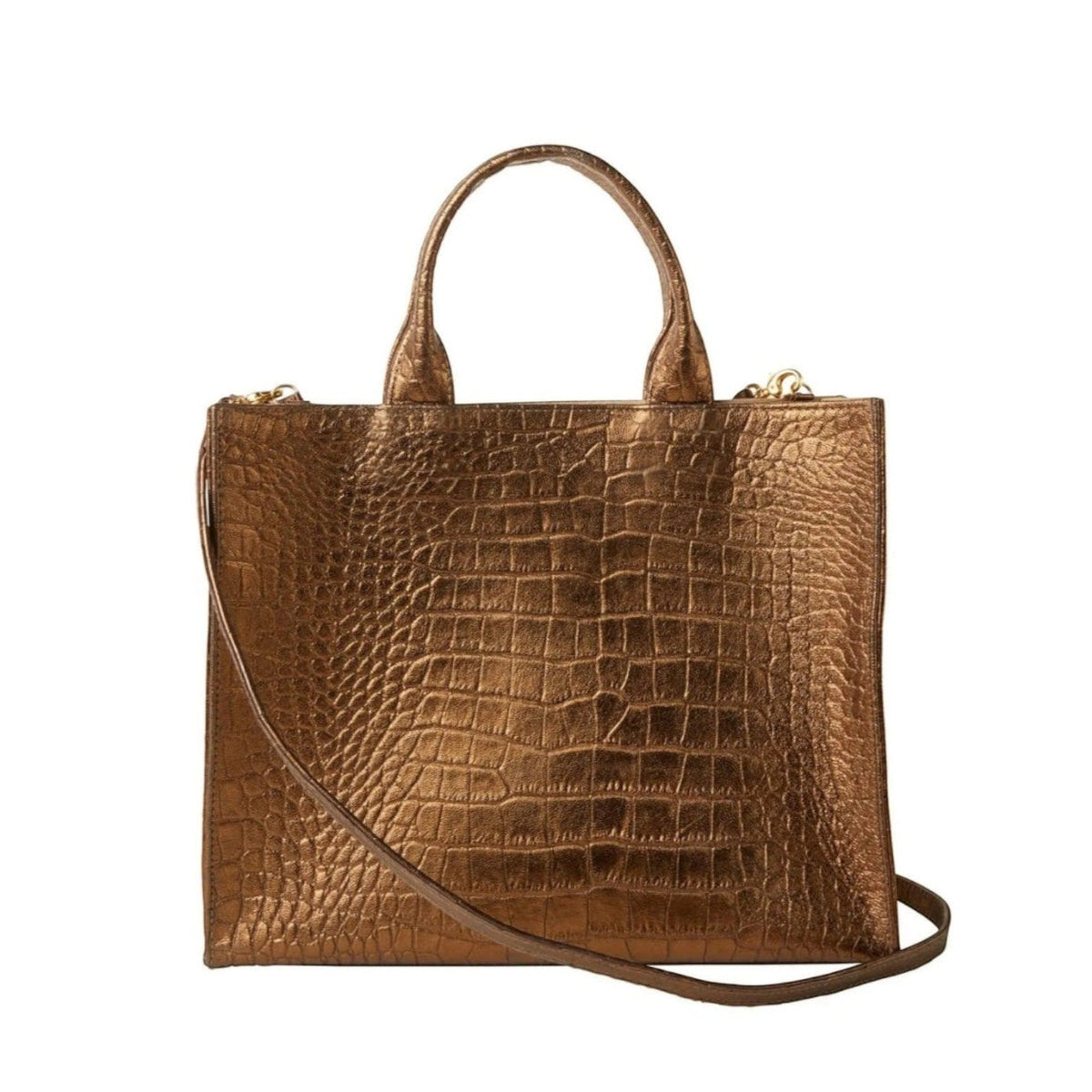 Shop Sarah Stewart Adele handbag in metallic bronze embossed croc lambskin leather with a detachable shoulder strap.