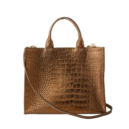 Shop Sarah Stewart Adele handbag in metallic bronze embossed croc lambskin leather with a detachable shoulder strap.