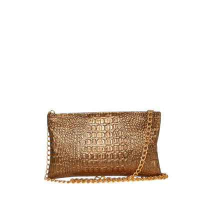 Shop Sarah Stewart Penelope bronze croc-embossed lambskin leather clutch with a gold chain cross-body strap