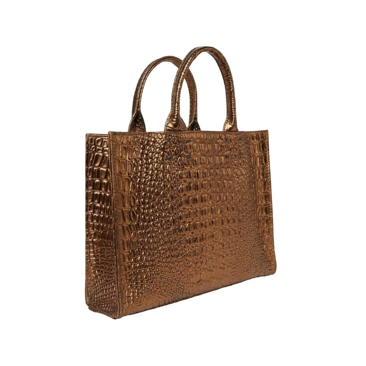 Shop Sarah Stewart Adelaide handbag in metallic bronze embossed goat skin leather with a classic tote silhouette.
