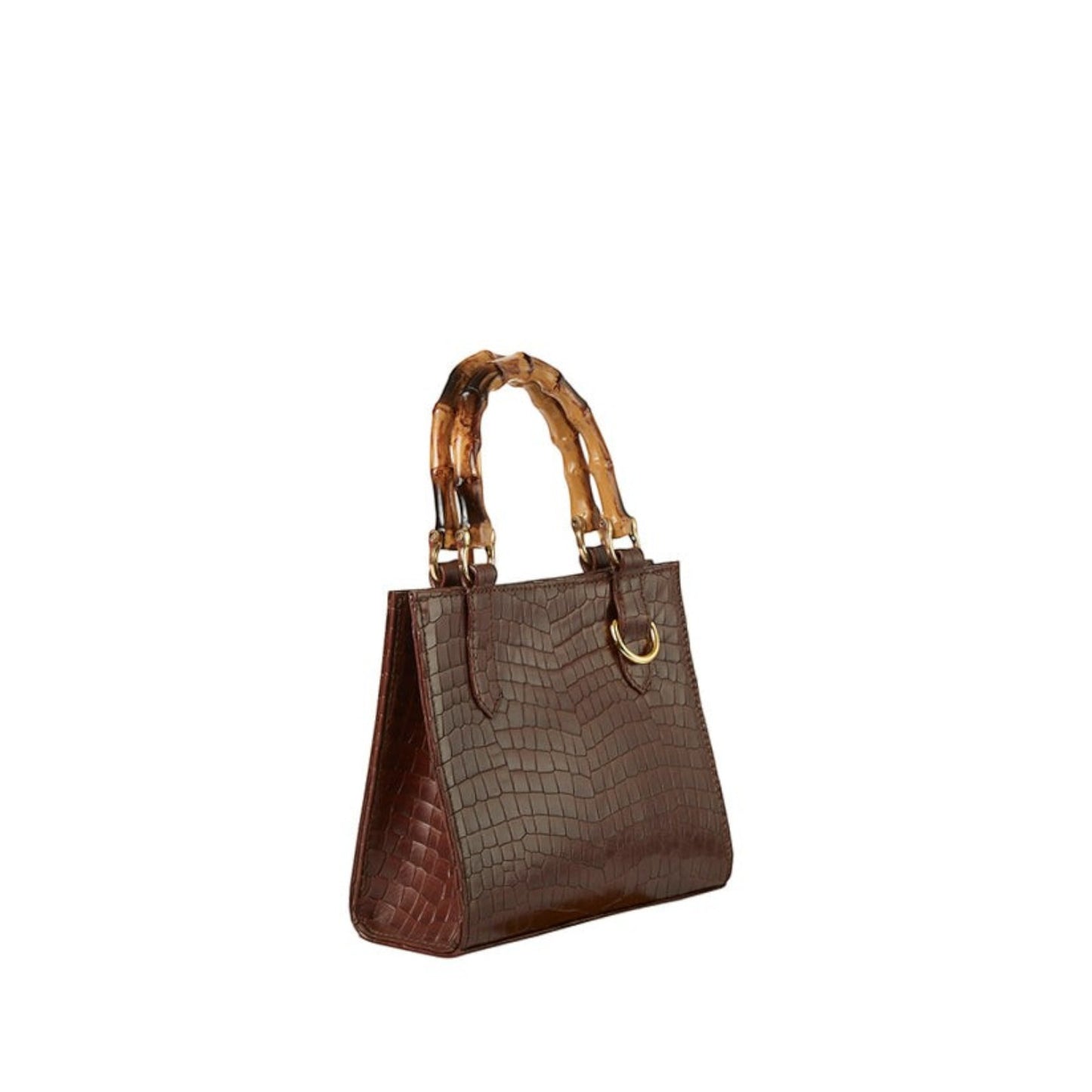Shop Sarah Stewart Clara mini handbag in brown embossed goat skin with bamboo handles and gold hardware