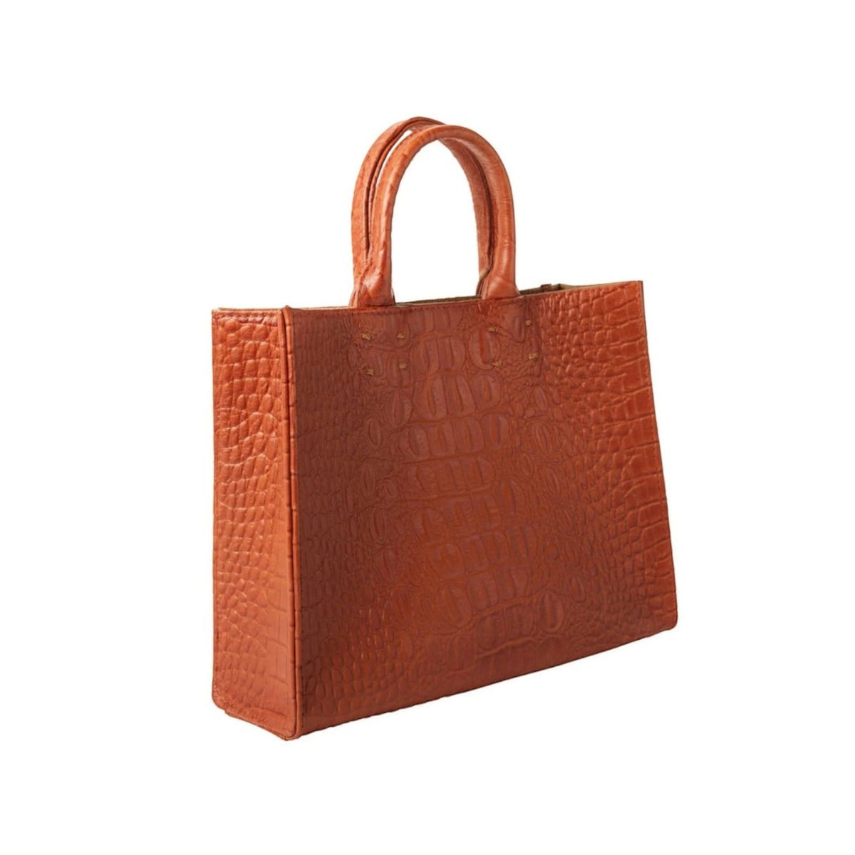 Shop Sarah Stewart Adelaide handbag in brown embossed crocodile-style goat skin leather with dual top handles.