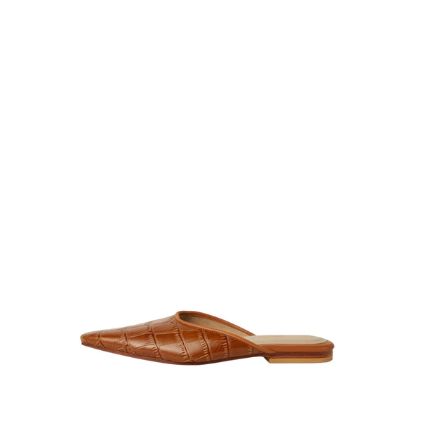Shop Sarah Stewart Mabrey brown crocodile-printed leather pointed-toe flat mule with a slip-on design.