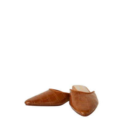 Shop Sarah Stewart brown crocodile-printed leather pointed-toe mules with a flat slip-on design.