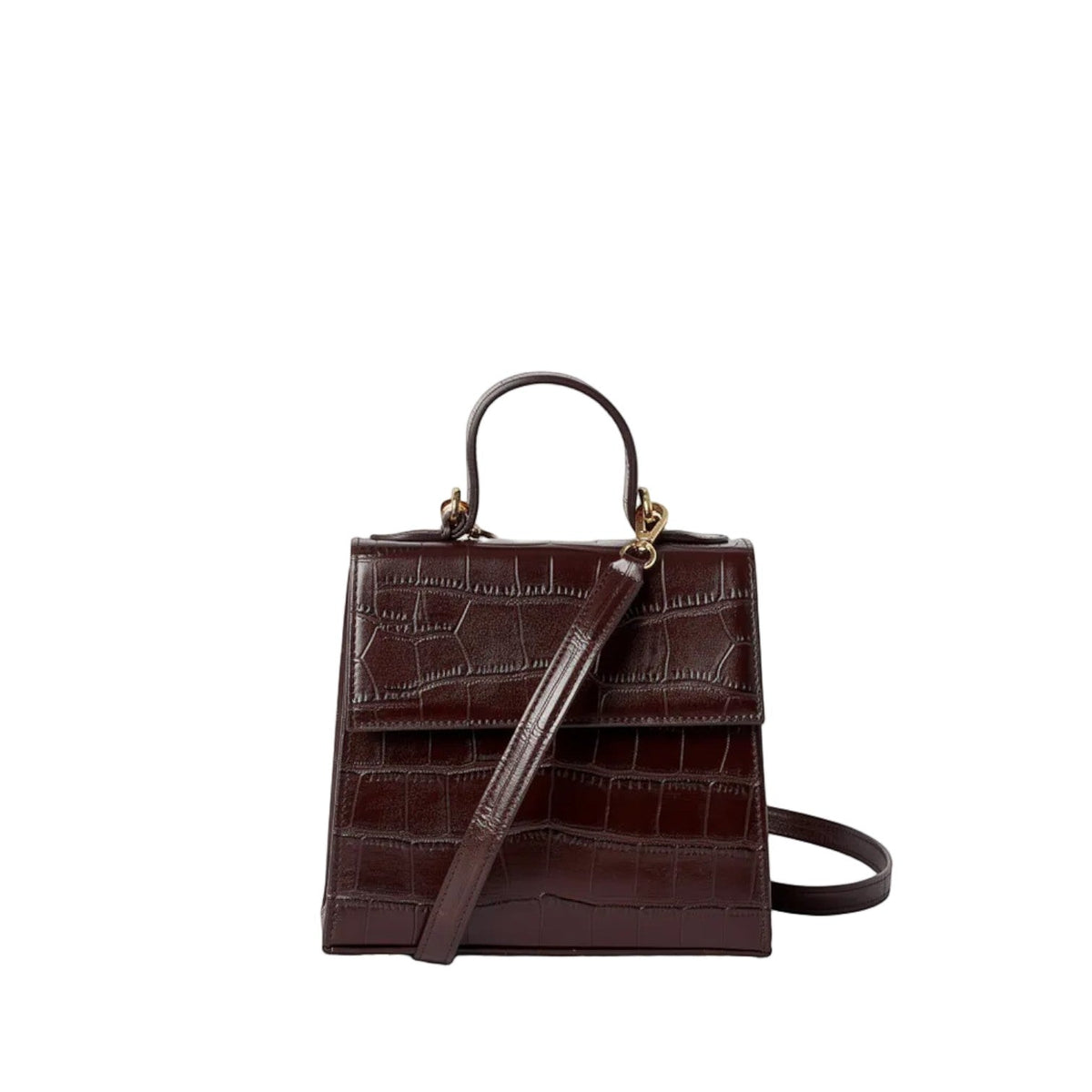 Shop Sarah Stewart The Robin handbag in dark brown crocodile-embossed goat skin leather with gold hardware.