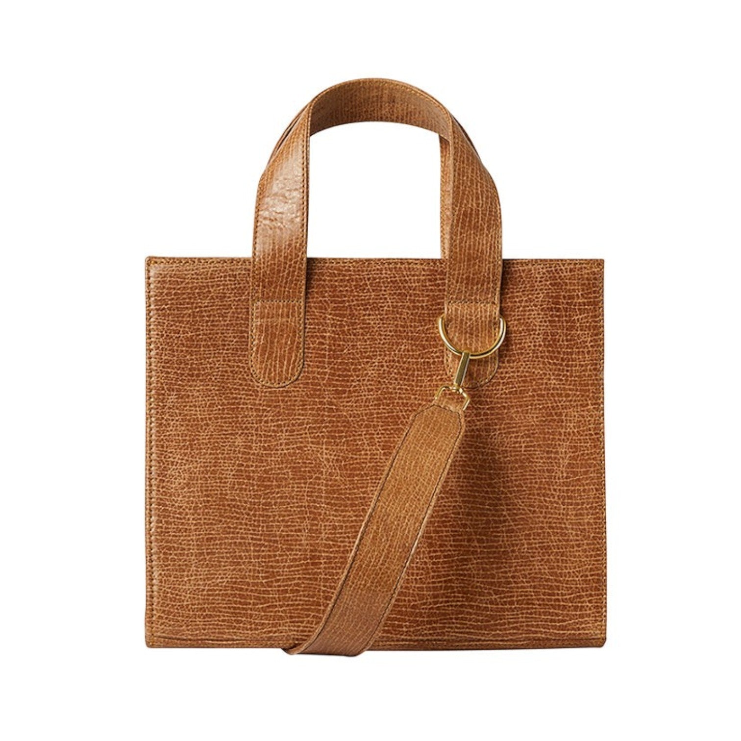 Shop Sarah Stewart Claire Maxi brown embossed goatskin leather handbag with gold hardware and crossbody strap