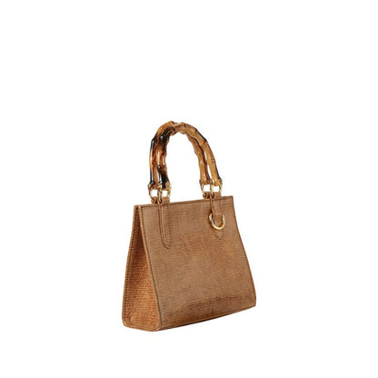 Shop Sarah Stewart Clara mini handbag in brown goat skin with bamboo handles and gold hardware, side view.
