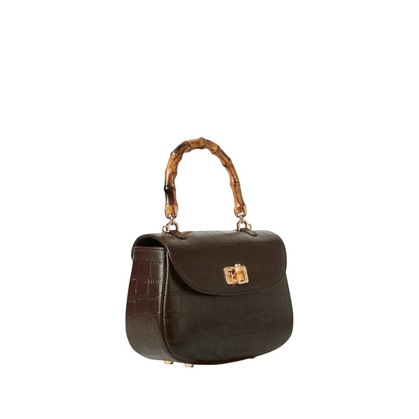 Shop Sarah Stewart The Chloe dark brown embossed goat skin suede handbag with a bamboo handle and gold closure.