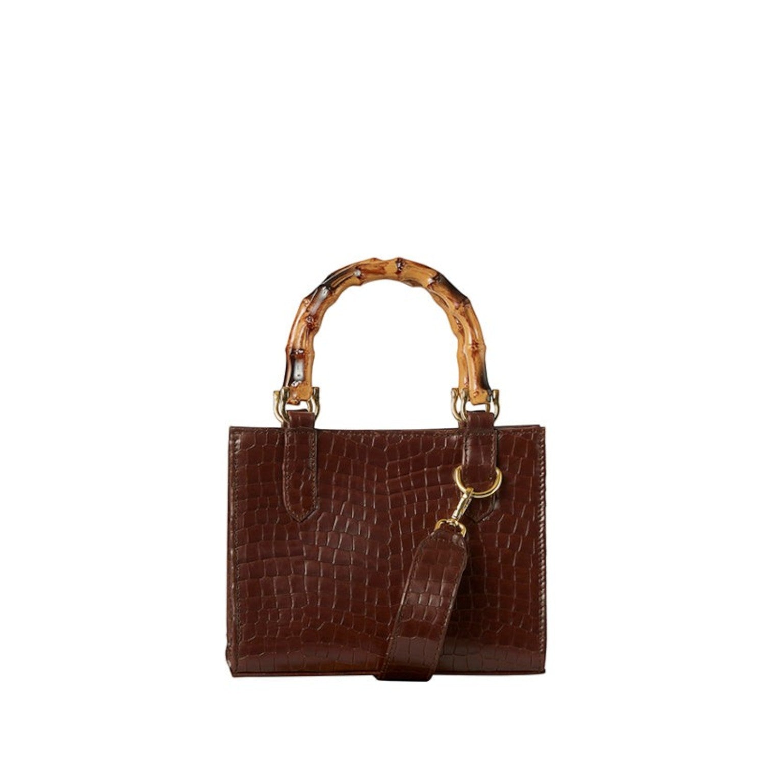 Shop Sarah Stewart Clara mini handbag in brown embossed goat skin with bamboo handles and gold hardware