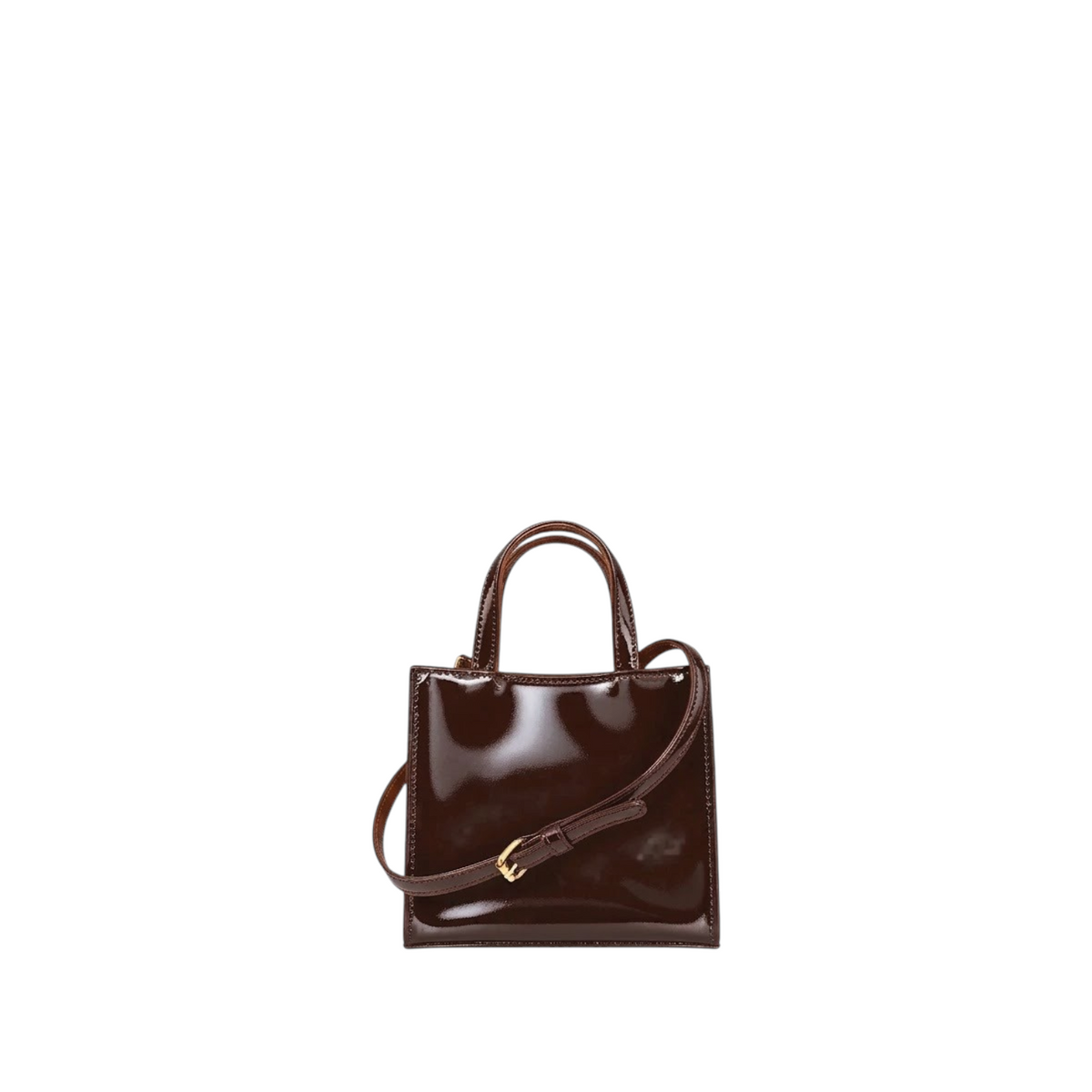 Shop Sarah Stewart Addie mini handbag in dark brown patent leather with a structured shape and high-gloss finish.