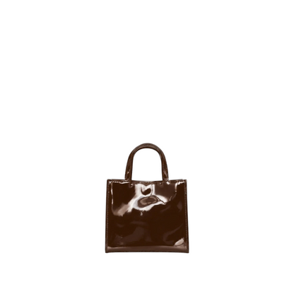 Shop Sarah Stewart Addie mini handbag in brown patent leather with a structured silhouette and high-gloss finish.