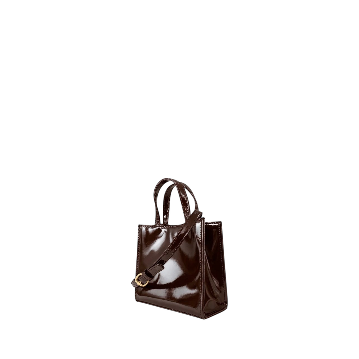 Shop Sarah Stewart Addie mini handbag in glossy dark brown patent leather with structured silhouette and top handles