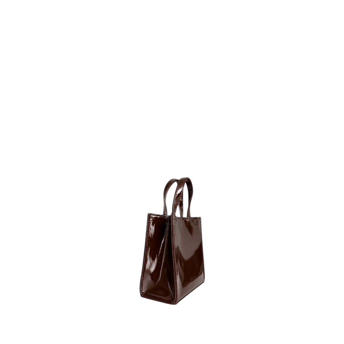 Shop Sarah Stewart Addie mini handbag in dark brown patent leather with a structured, high-gloss finish.