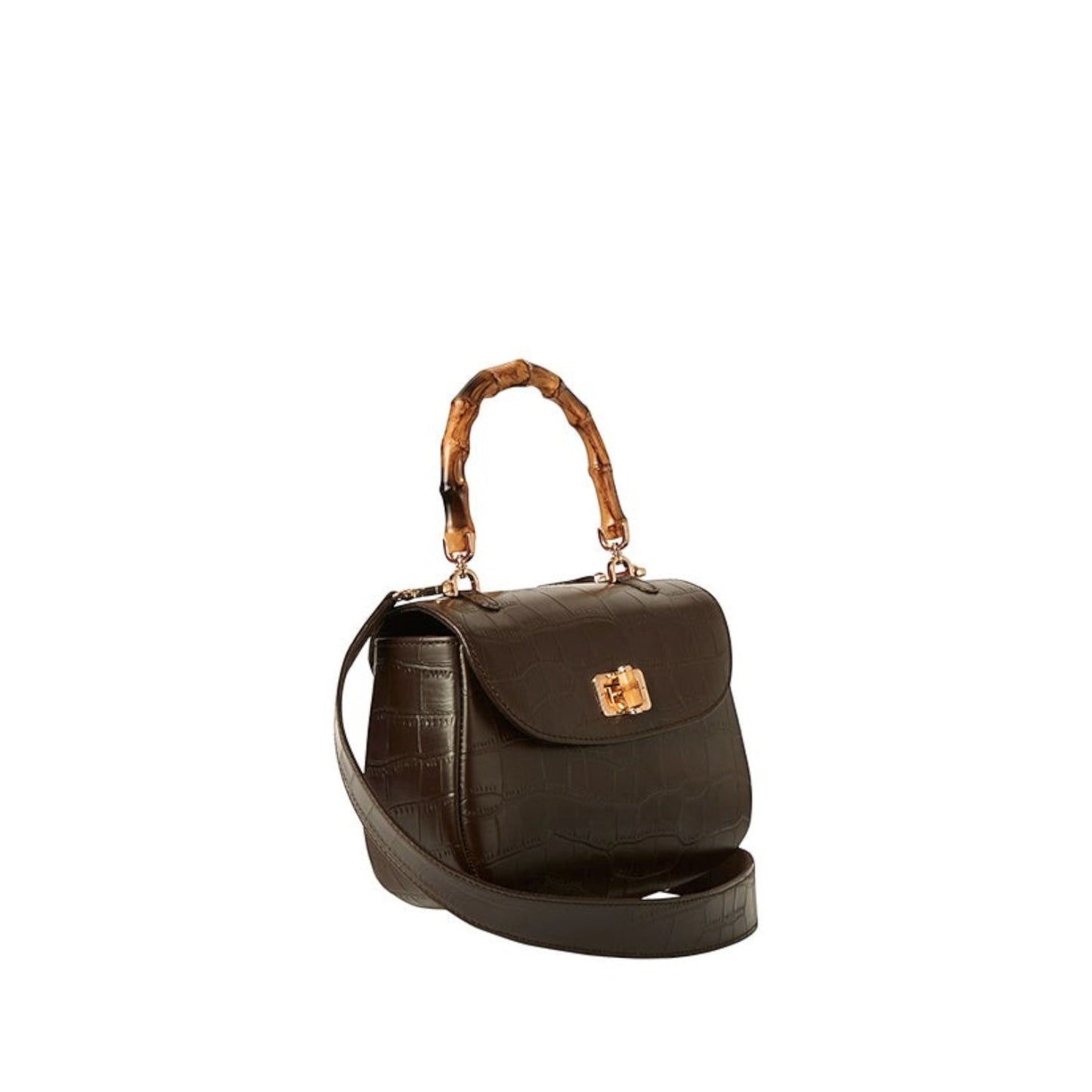 Shop Sarah Stewart The Chloe dark brown embossed goat skin suede handbag with a bamboo handle and gold closure.