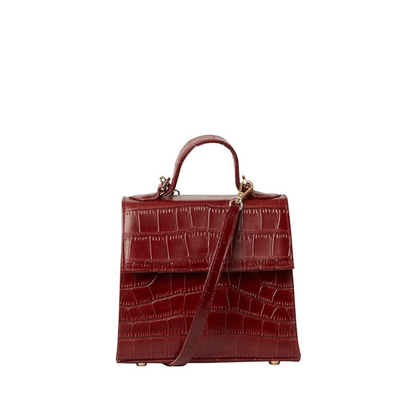 Shop Sarah Stewart The Robin handbag in burgundy goat skin leather with a crocodile pattern and gold hardware.