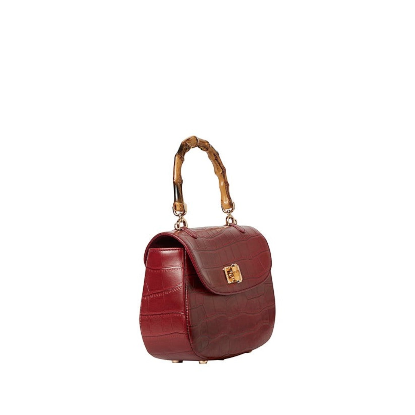 Shop Sarah Stewart Chloe handbag in burgundy embossed goat skin suede with a bamboo handle and gold closure.