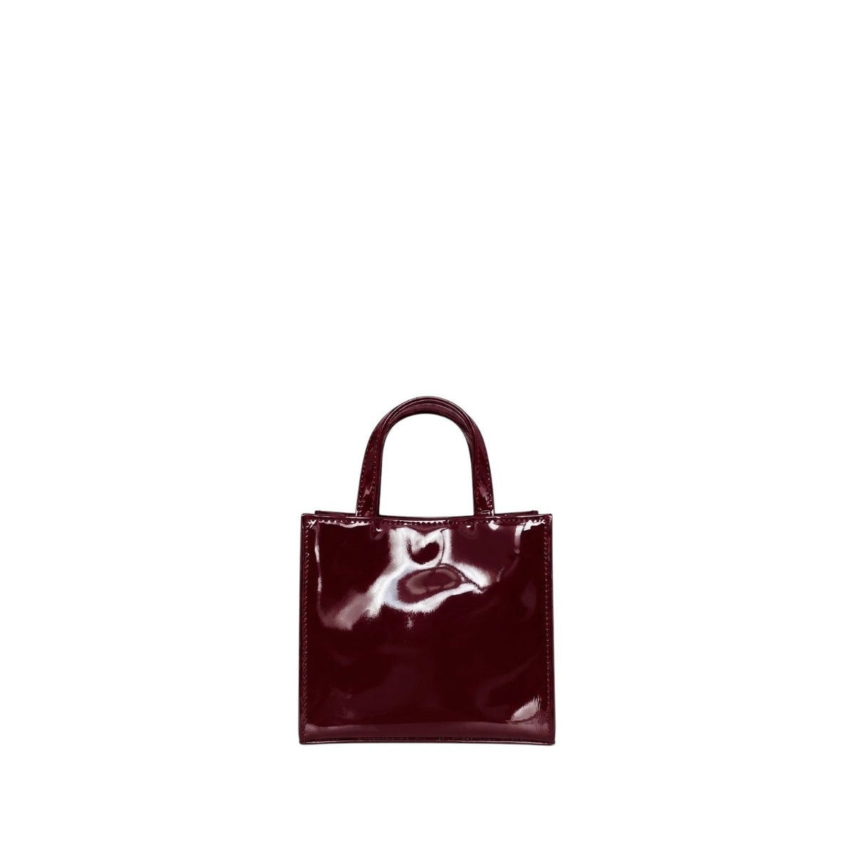 Shop Sarah Stewart Addie mini handbag in deep burgundy patent leather with a structured, high-gloss finish.
