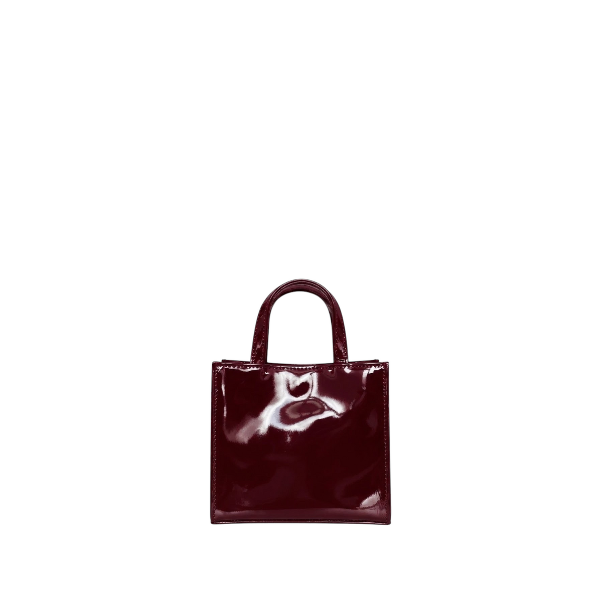 Shop Sarah Stewart Addie mini handbag in glossy burgundy patent leather with a structured square silhouette.