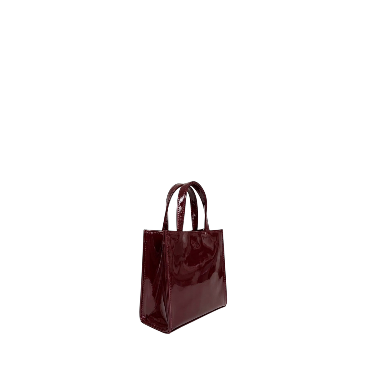 Shop Sarah Stewart Addie mini handbag in glossy burgundy patent leather with a structured square silhouette.
