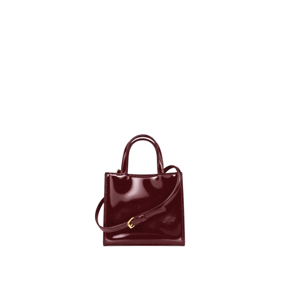 Shop Sarah Stewart Addie mini handbag in glossy burgundy patent leather with structured square silhouette
