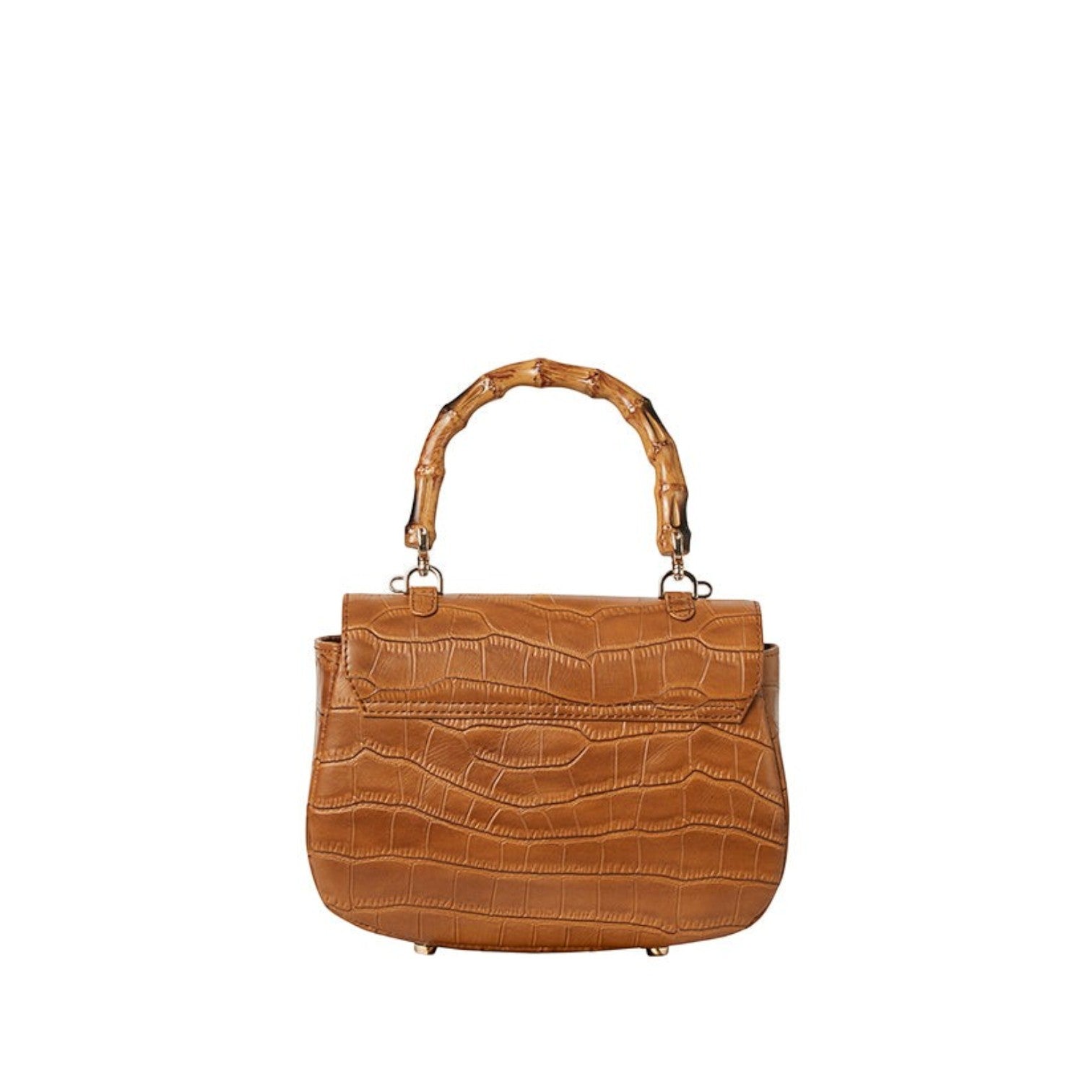 Shop Sarah Stewart Chloe handbag in tan embossed goat skin suede with a bamboo handle and gold closure