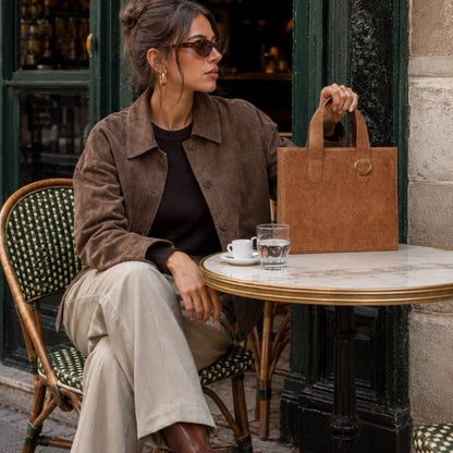 Shop Sarah Stewart Claire Maxi embossed goatskin leather handbag in tan held by a woman at a cafe table.
