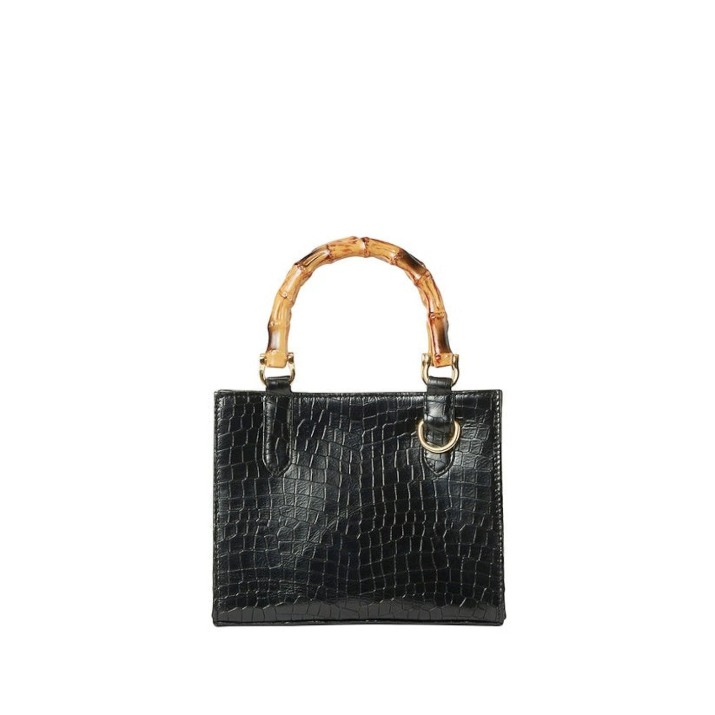 Shop Sarah Stewart Clara mini handbag in black goat skin with a crocodile texture and natural bamboo top handles.