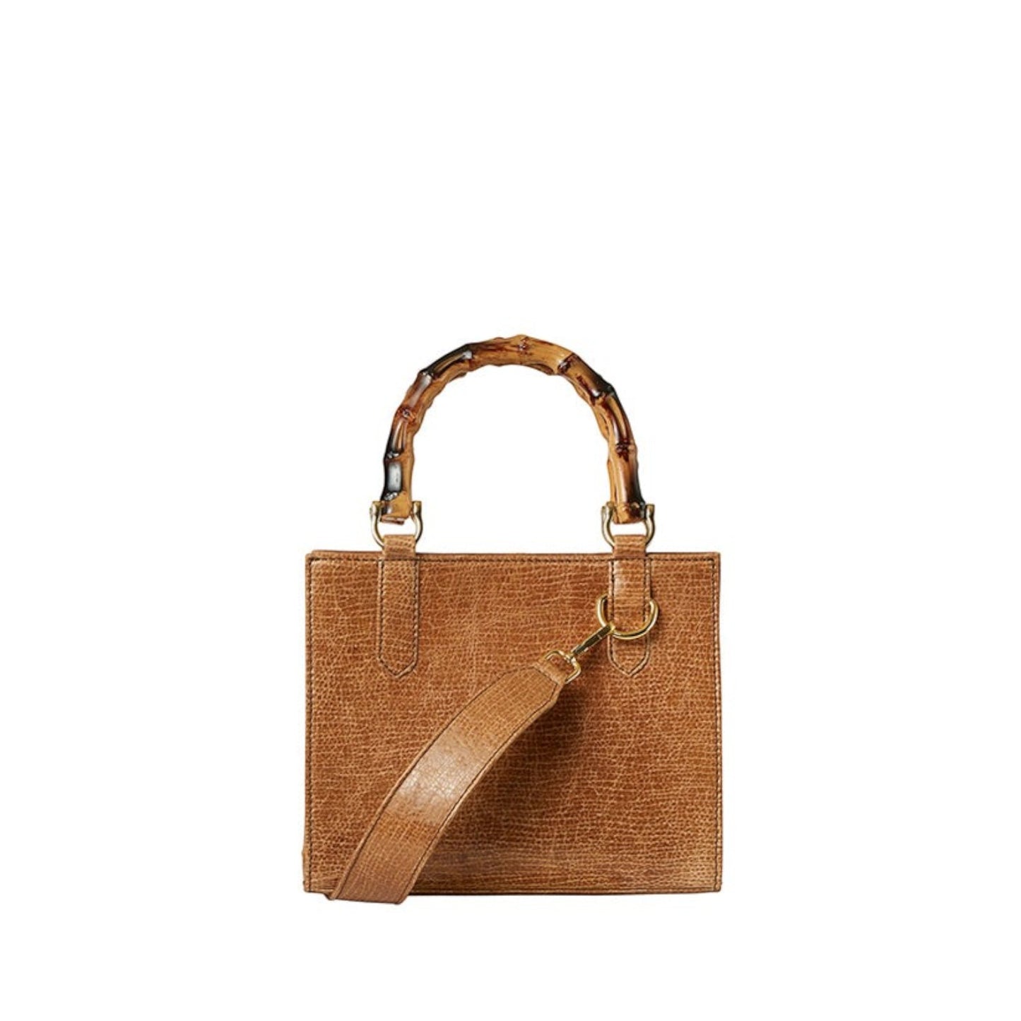 Shop Sarah Stewart Clara mini handbag in tan goat skin leather with bamboo handles and gold hardware.