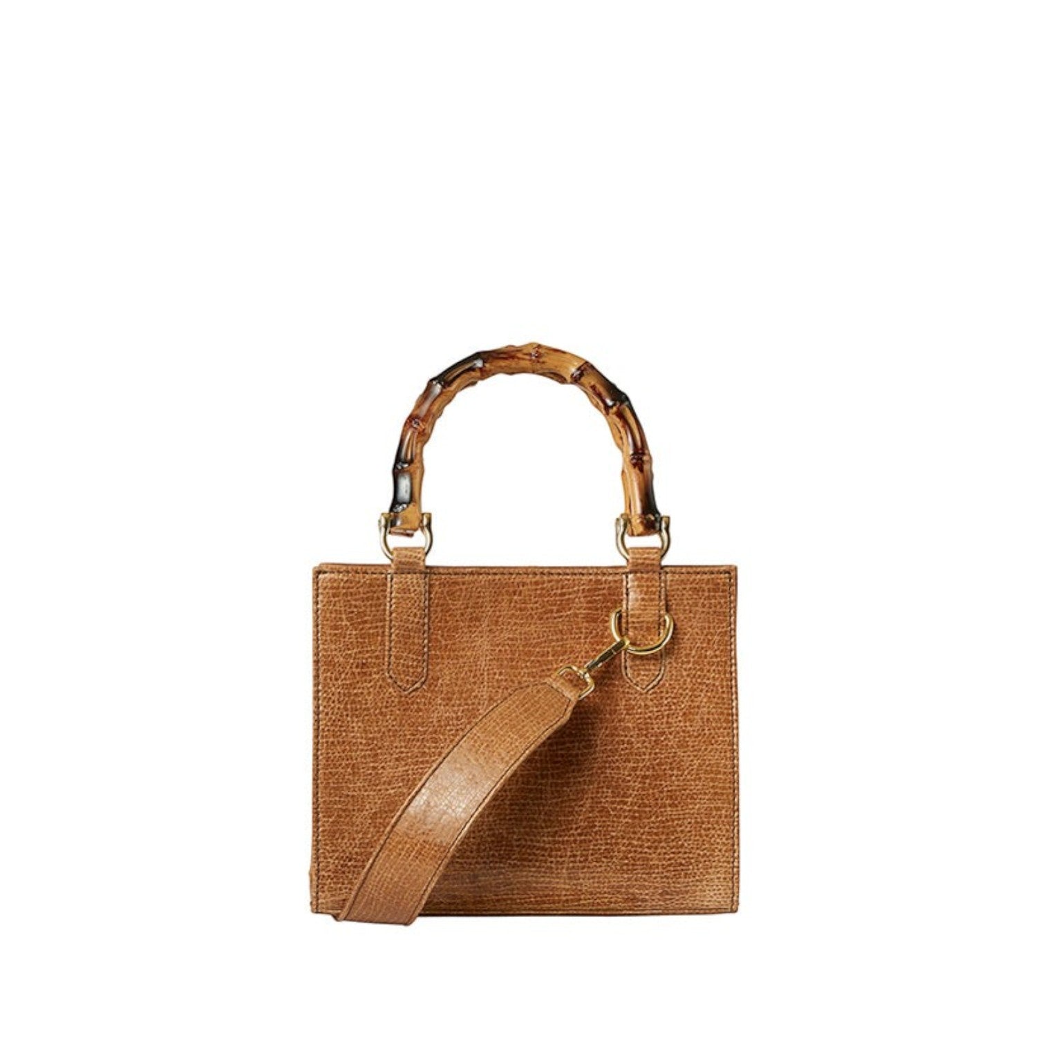 Shop Sarah Stewart Clara mini handbag in tan goat skin leather with bamboo handles and gold hardware.