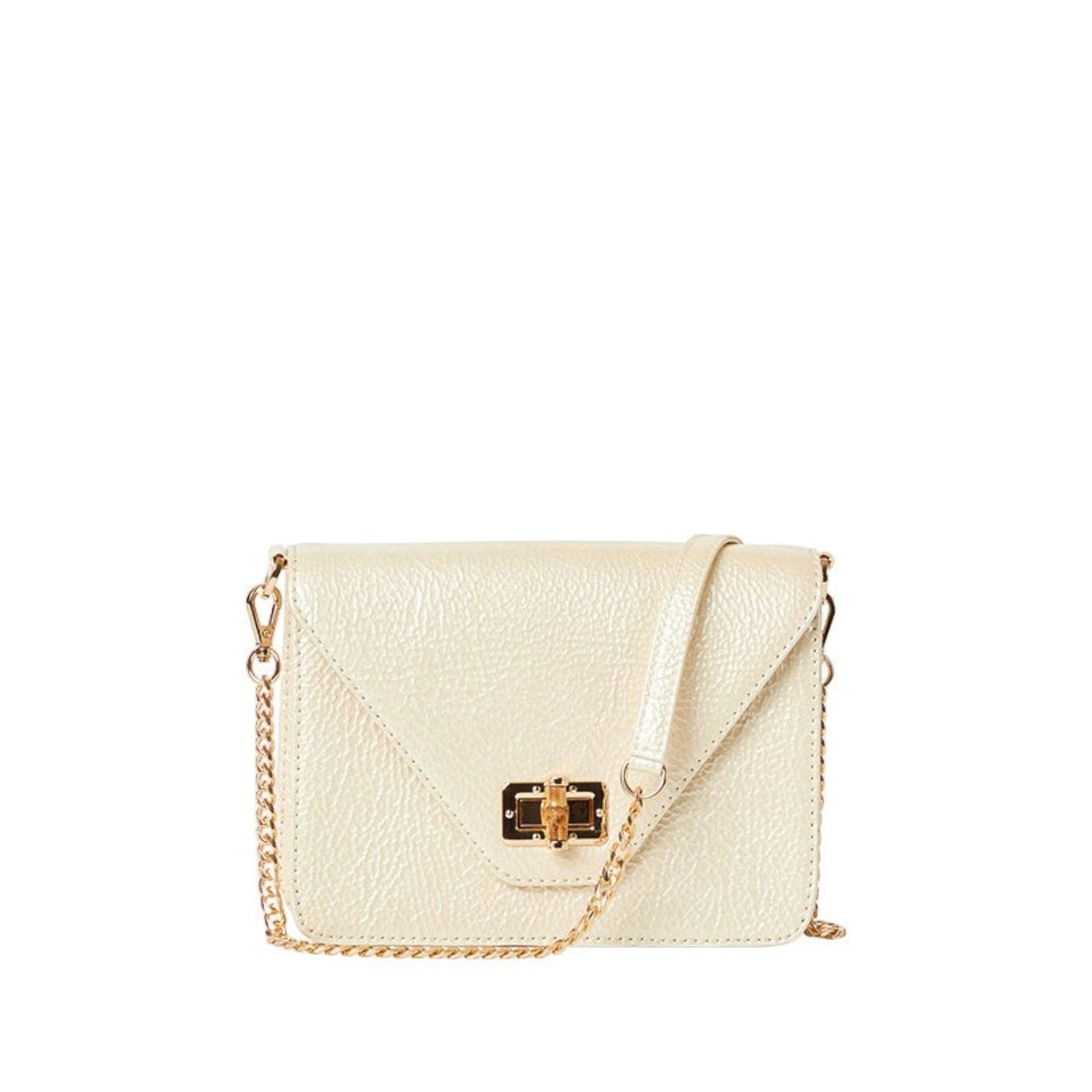 Shop Sarah Stewart The Stacey Patent cream crinkled lambskin leather shoulder bag with bamboo and gold chain strap
