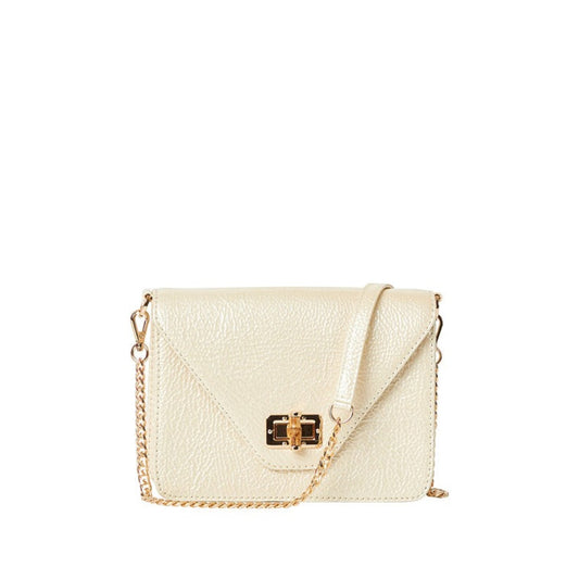 Shop Sarah Stewart The Stacey Patent cream crinkled lambskin leather shoulder bag with bamboo and gold chain strap