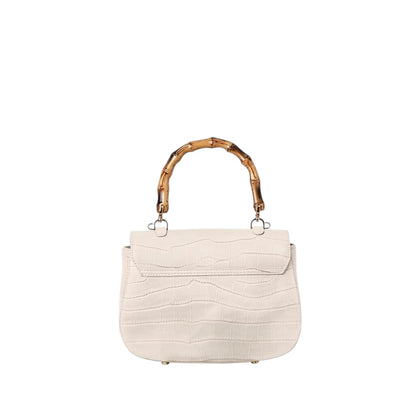 Shop Sarah Stewart Chloe handbag in cream embossed goat skin suede with a bamboo handle and gold closure