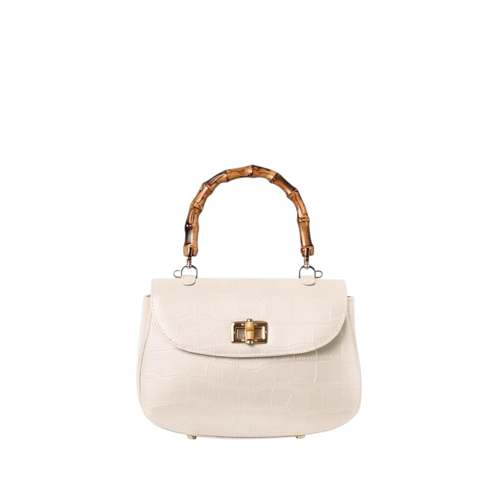 Shop Sarah Stewart Chloe handbag in cream embossed goat skin suede with a bamboo handle and gold bamboo closure