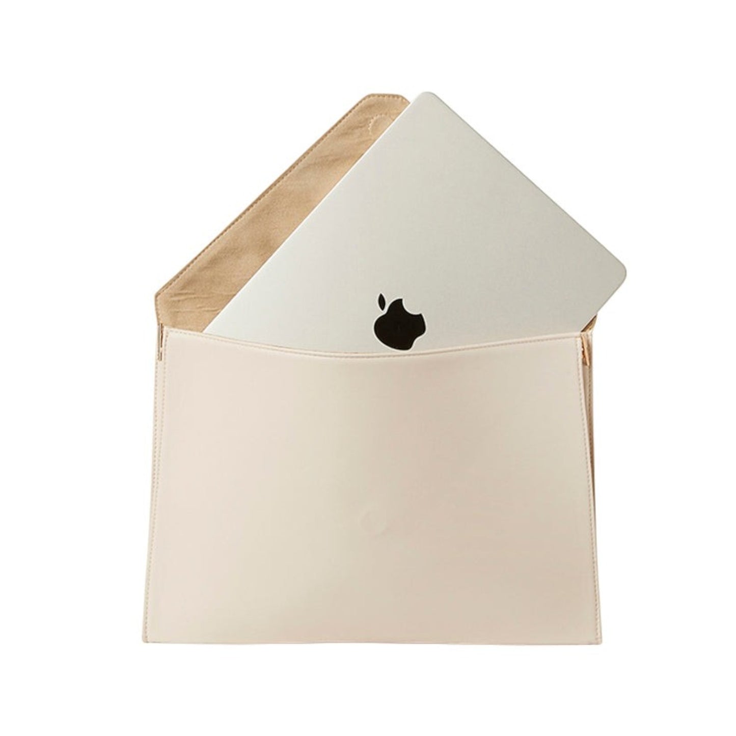 Shop Sarah Stewart Lisa laptop clutch in cream vegan leather with a silver laptop inside and magnetic closure
