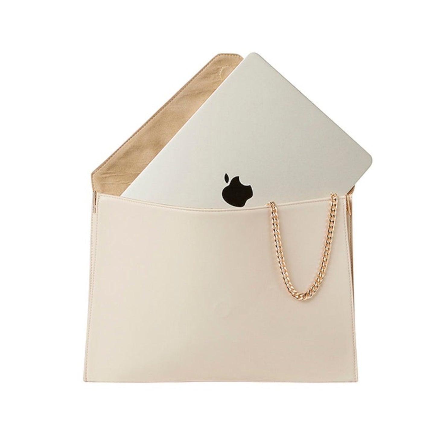 Shop Sarah Stewart cream vegan leather laptop clutch with a gold chain strap and a laptop inside