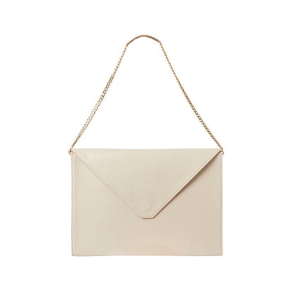 Shop Sarah Stewart Lisa laptop clutch in cream vegan leather with a gold chain shoulder strap and envelope flap